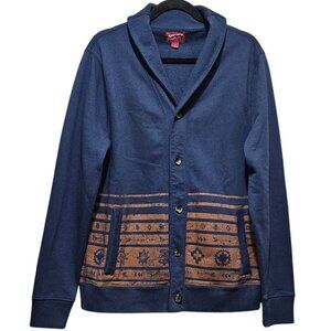 Men's Arizona Jean Co. Blue Shawl Collar Cardigan With Tribal Pattern Button Fro